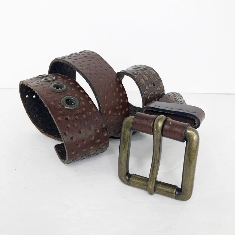Brown leather, eyelet, studded, chunky hardware belt